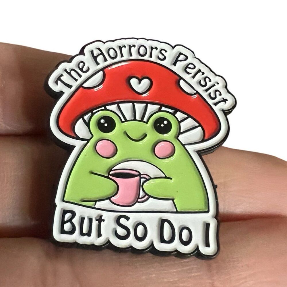 Kawaii Frog Mushroom w Coffee Mug Enamel Pin